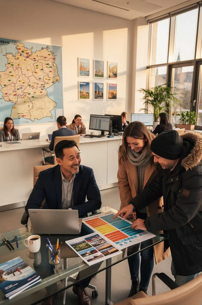 Karte von Deutschland mit markierten Reisezielen und Verbindungswegen für mehrstufige Reiseplanung.