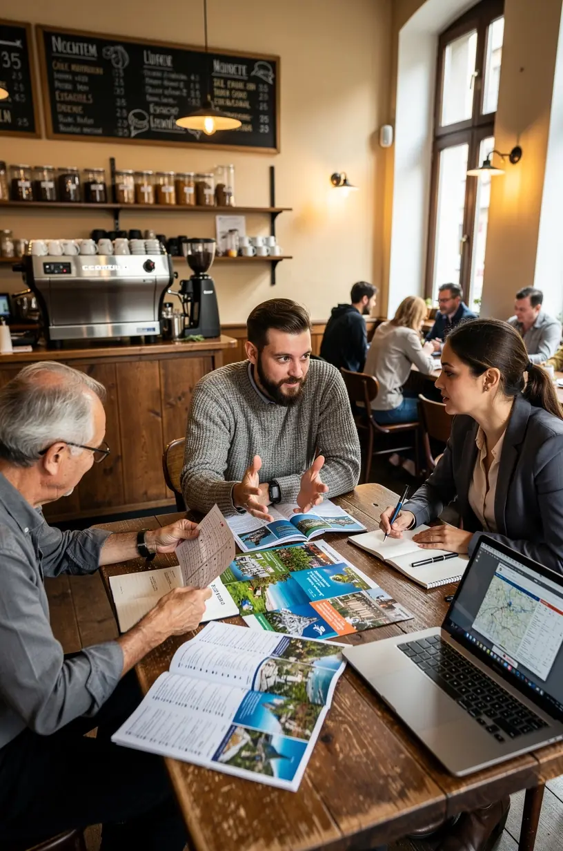 Zufriedene Reisende betrachten ihre gedruckten Reiseunterlagen in einem modernen Reisebüro.