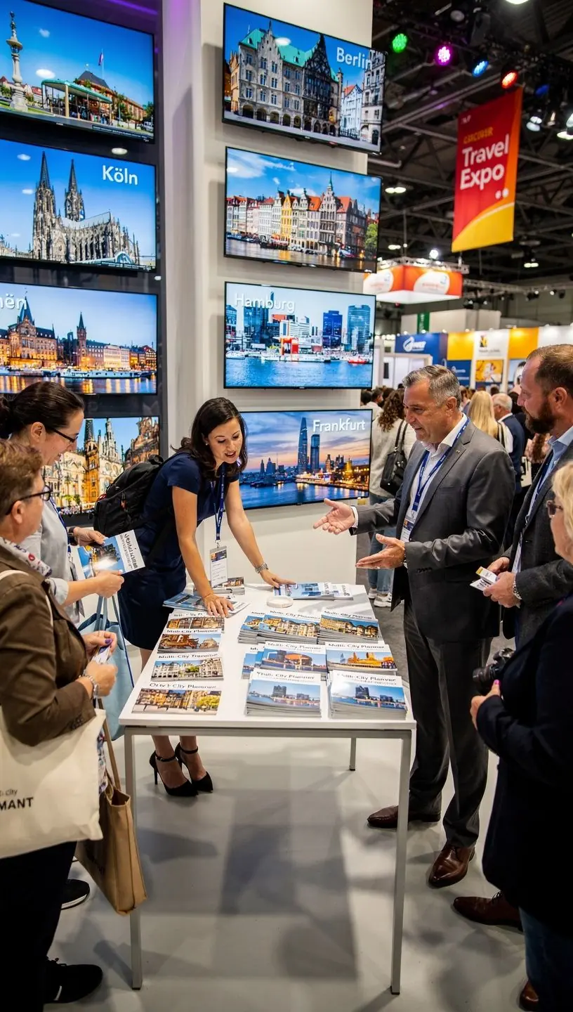 Nahaufnahme eines professionell gestalteten, mehrseitigen Reiseplans mit deutschen Stadtansichten und Zeitplänen.