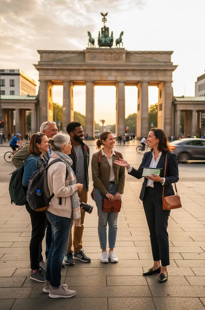 Professioneller Reiseberater erklärt mehrstufige Reiseroute auf digitalem Tablet für Deutschlandtouristen.