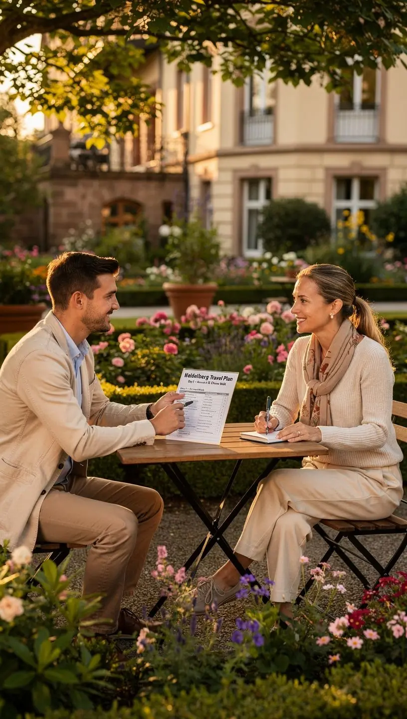 Gedruckter detaillierter Reiseplan mit Städten Deutschlands und Sehenswürdigkeiten auf elegantem Schreibtisch.